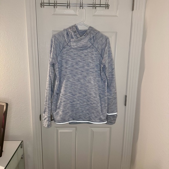 GapFit Blue, Gray, & White Space Dye Fleece Hoodie Size L Thumbholes Zip Pockets - Picture 2 of 11